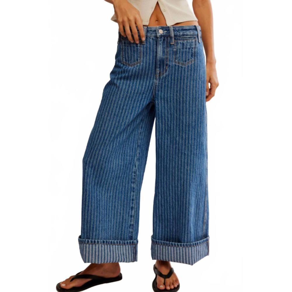 Free People Blue Striped Wide Leg Jeans